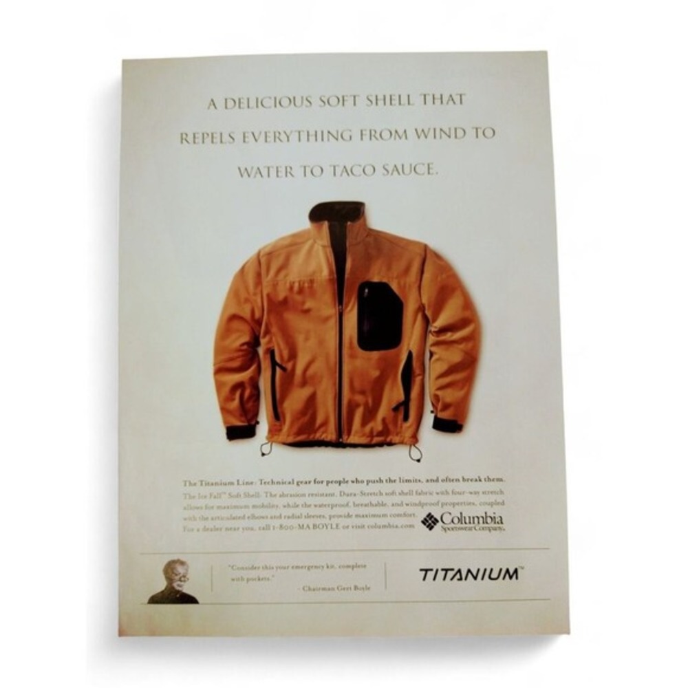 2004 Columbia Titanium Jacket Print Ad Soft Shell‎ Fleece Techwear Y2K Humor